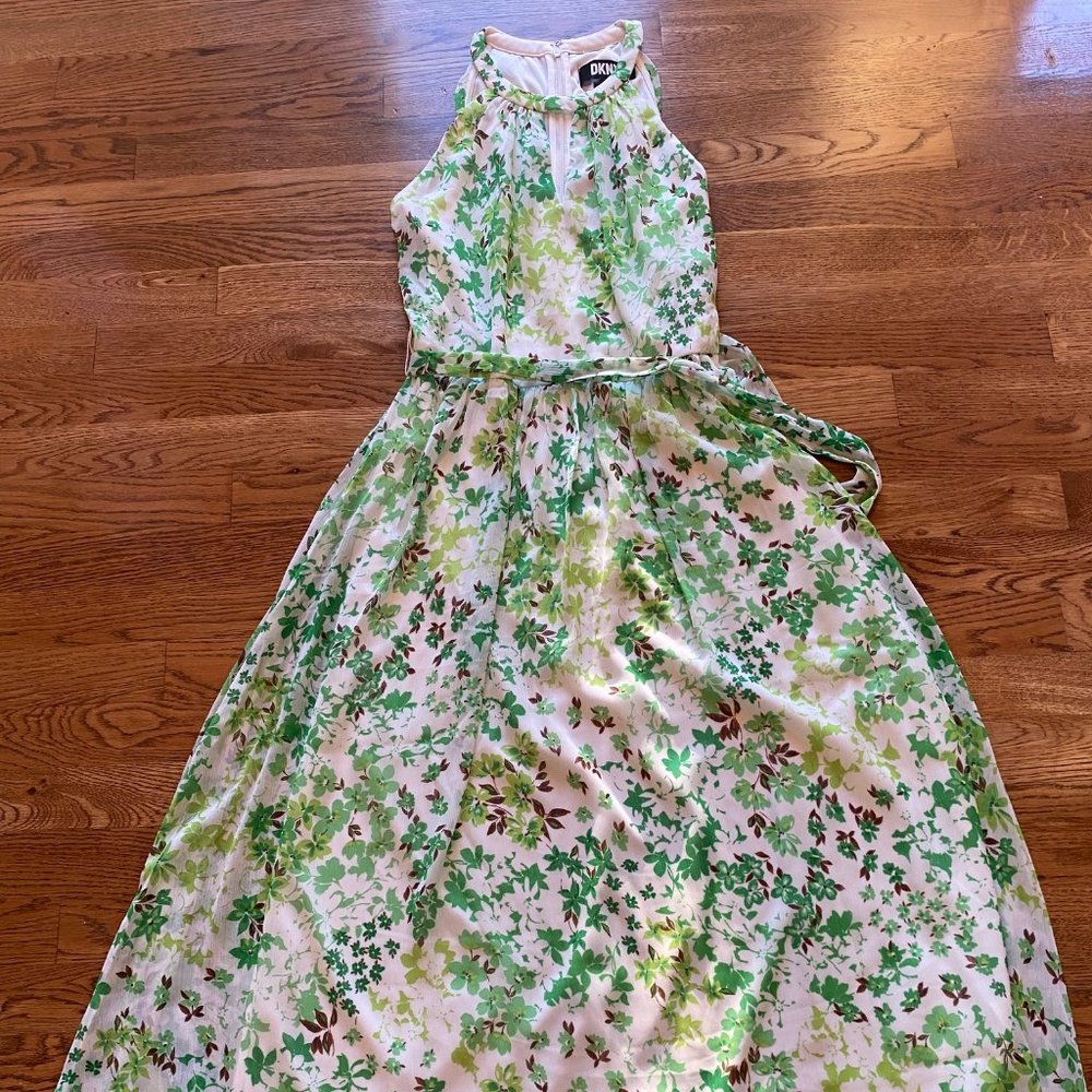 DKNY Women's Sleeveless Floral Print Halter Chiffon Midi Dress - Size 4